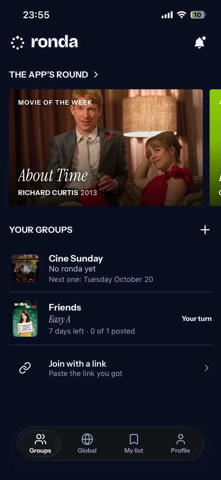 O app: a rodada do app em cima e os seus grupos embaixo.